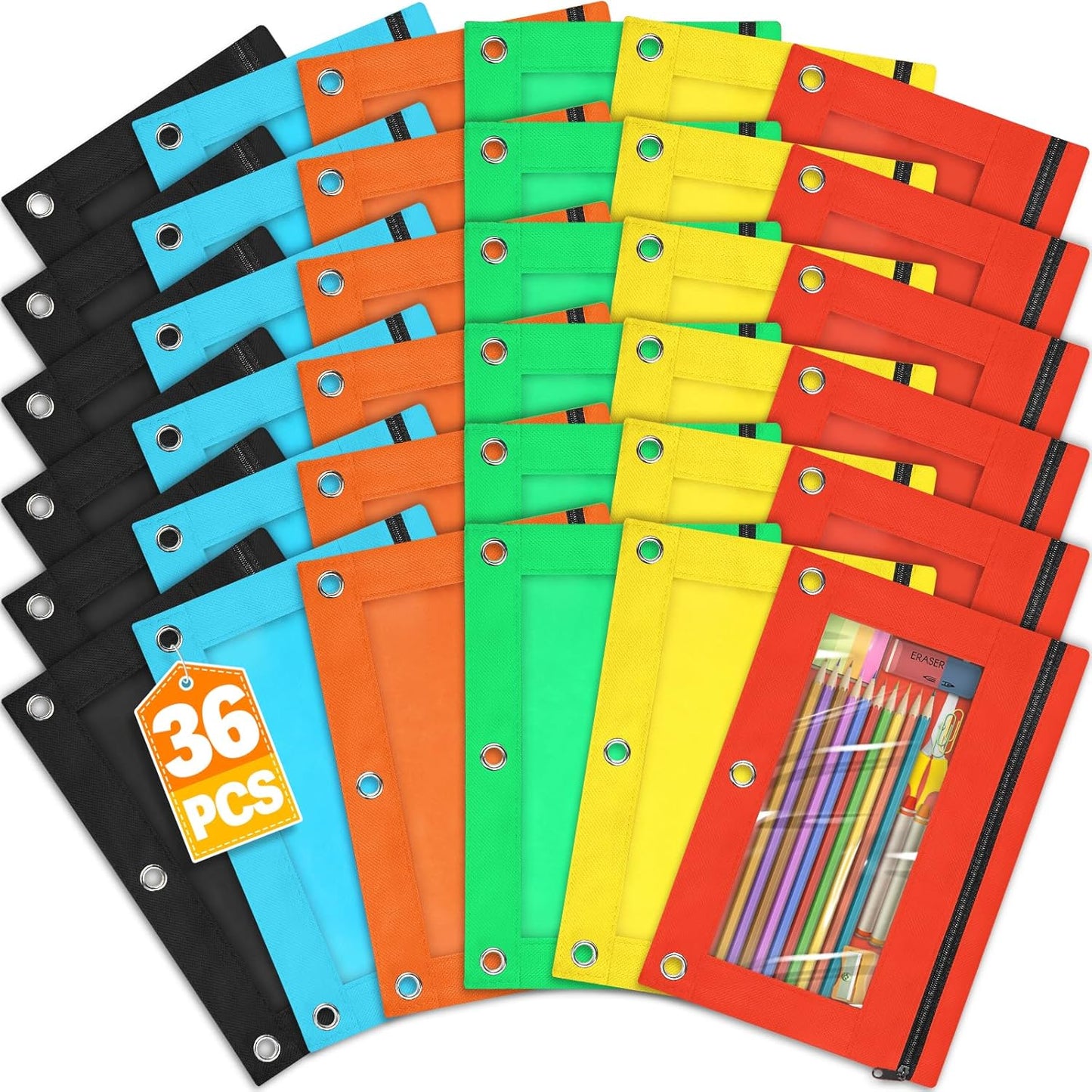 Pencil Pouch for 3 Ring Binder - 36 Packs in 6 Colors