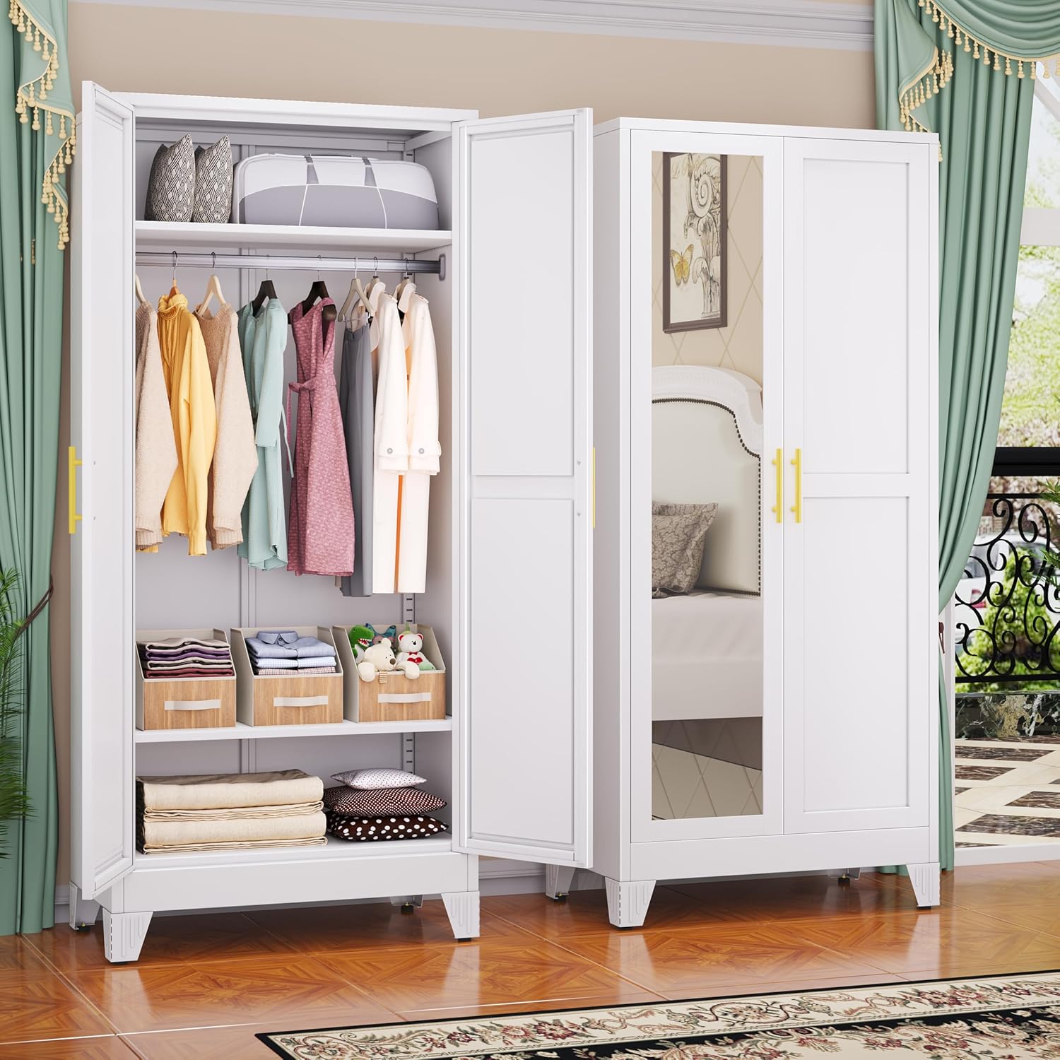 Metal Wardrobe Cabinet with Mirror and Adjustable Shelves