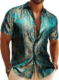 Men's Silk Shirt Paisley Floral Jacquard Short Sleeve Button Down 1400