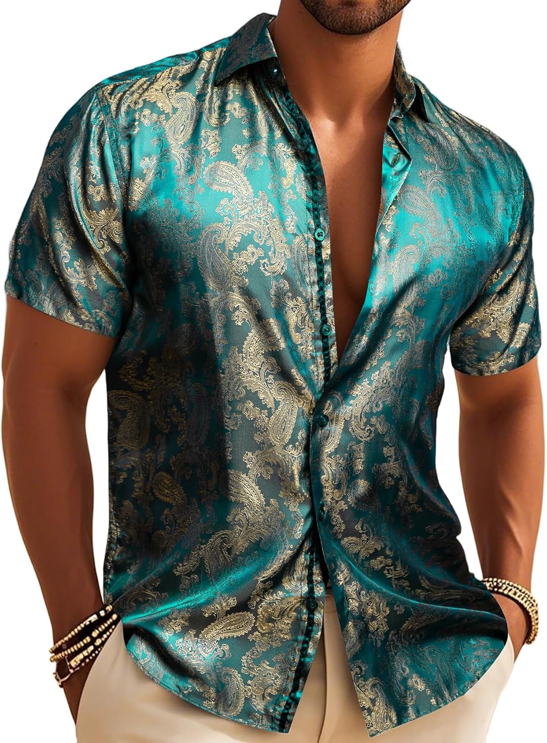 Men's Silk Shirt Paisley Floral Jacquard Short Sleeve Button Down