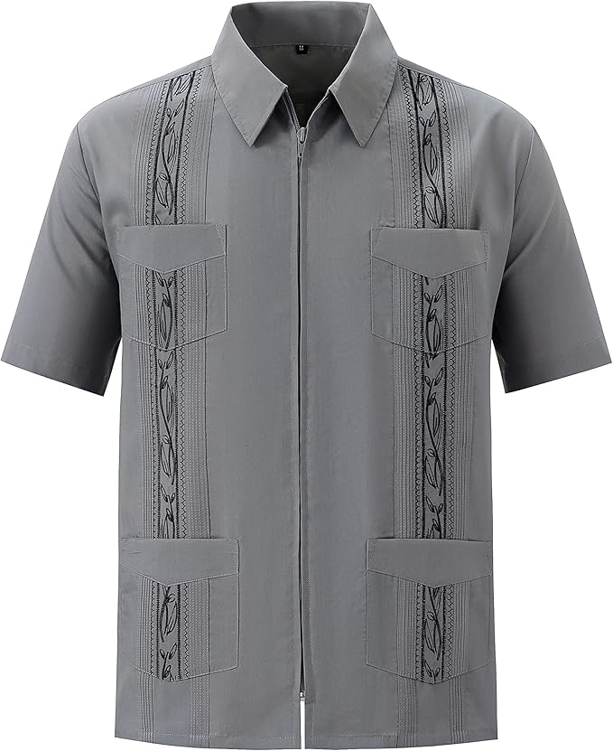 Men's Short Sleeve Guayabera Shirts for Men Cuban Zipper Casual
