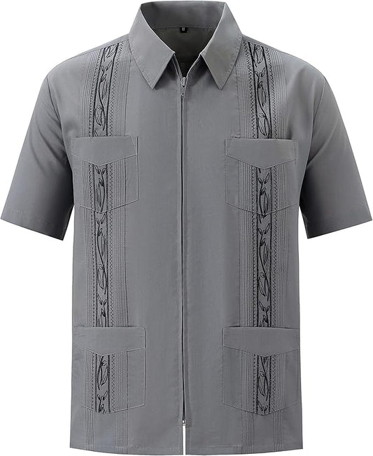 Men's Short Sleeve Guayabera Shirts for Men Cuban Zipper Casual