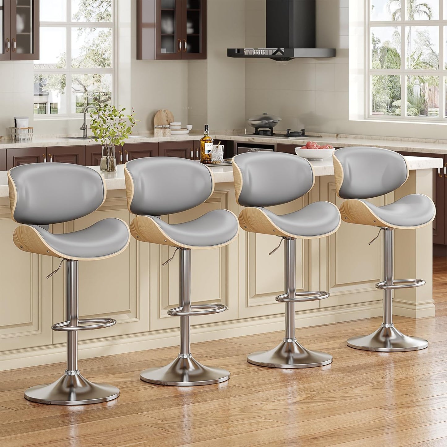 Bentwood Adjustable Height Swivel Bar Stools Set of 4 in Grey