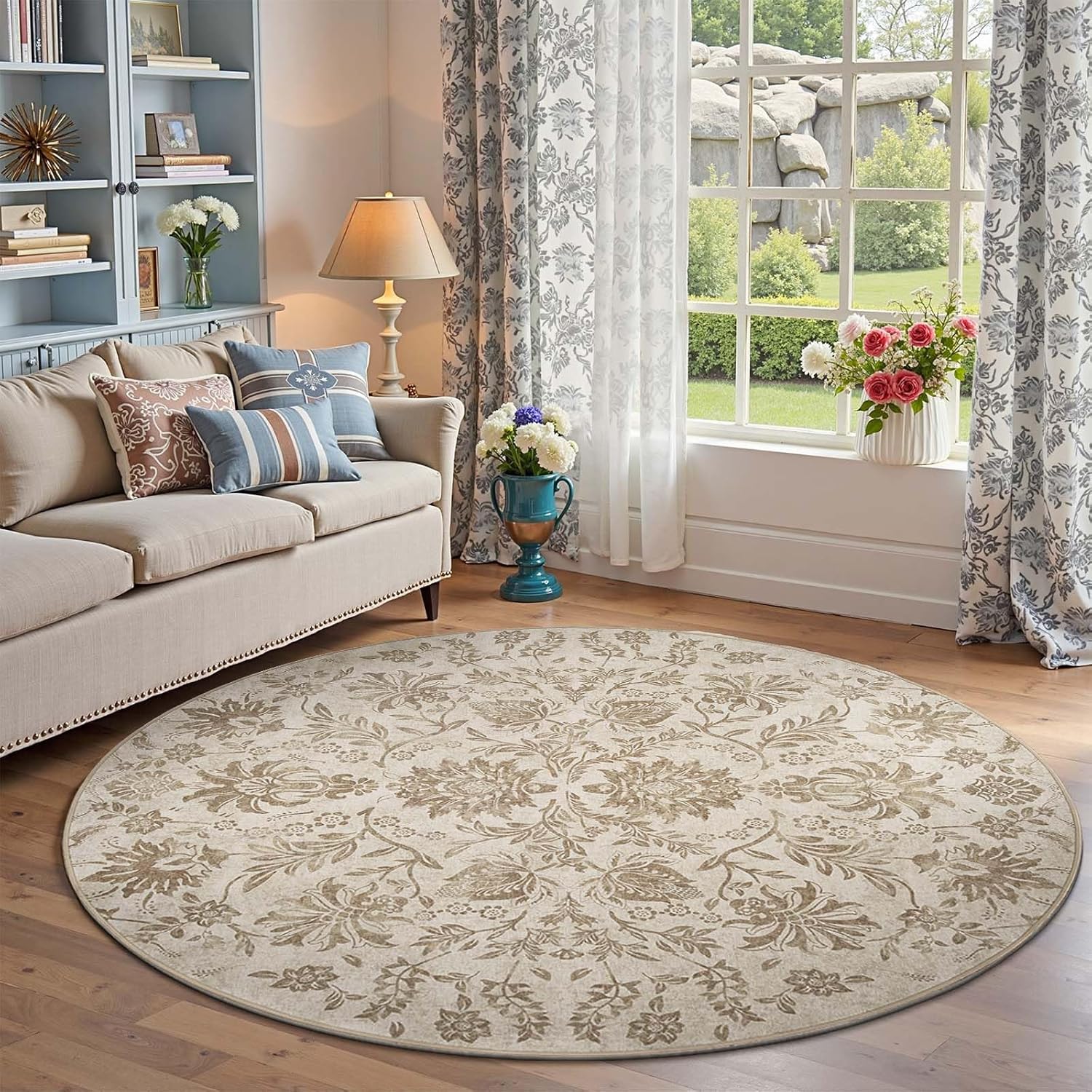 Classic Floral Round Rug 6ft - Vintage-Inspired Taupe Design