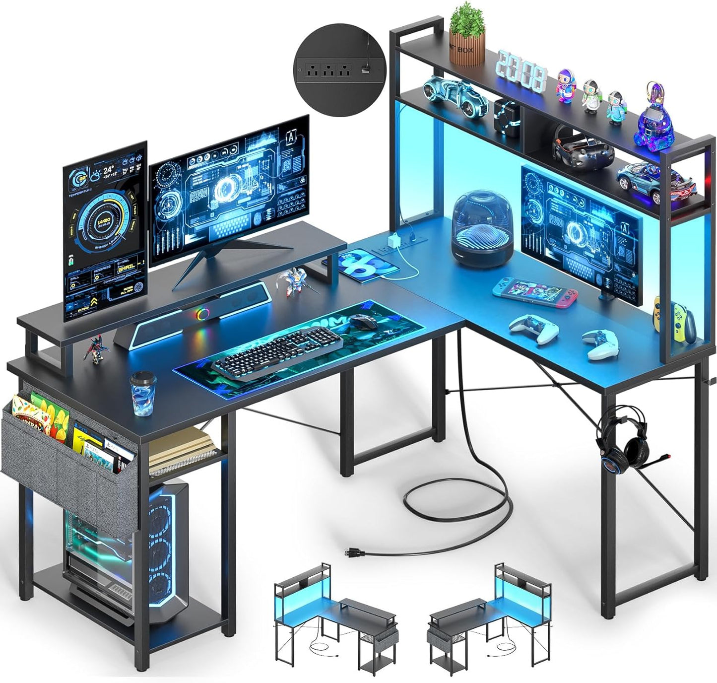 Compact L-Shaped Gaming Desk with Power Outlets & Storage