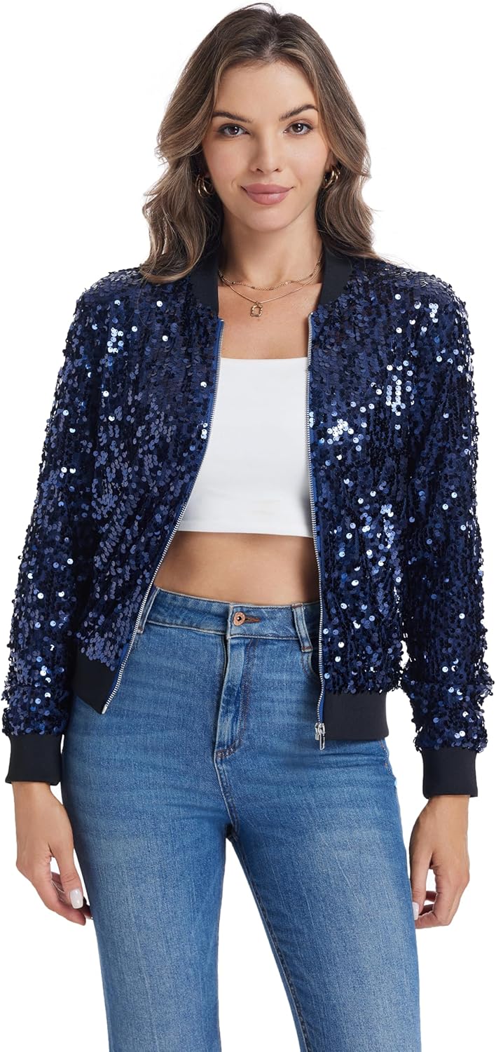 Womens Long Sleeve Sequin Open Front Zipper Jacket Review