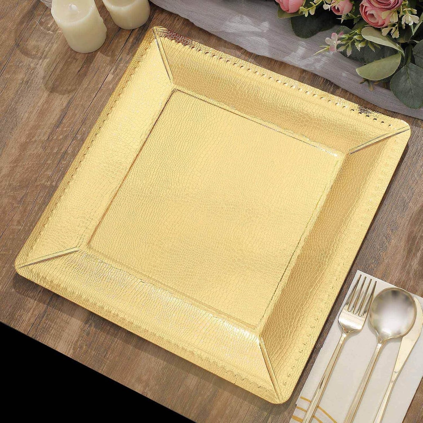 10 Gold Textured Square Serving Trays - Elegant Chargers | Efavormart.com