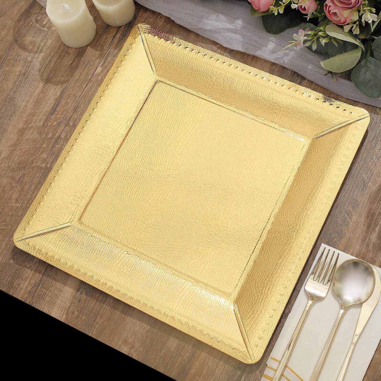 10 Gold Textured Square Serving Trays - Elegant Chargers | Efavormart.com