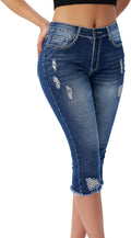 Women's Capri Skinny Ripped Cropped Jeans - Mid Rise Fit