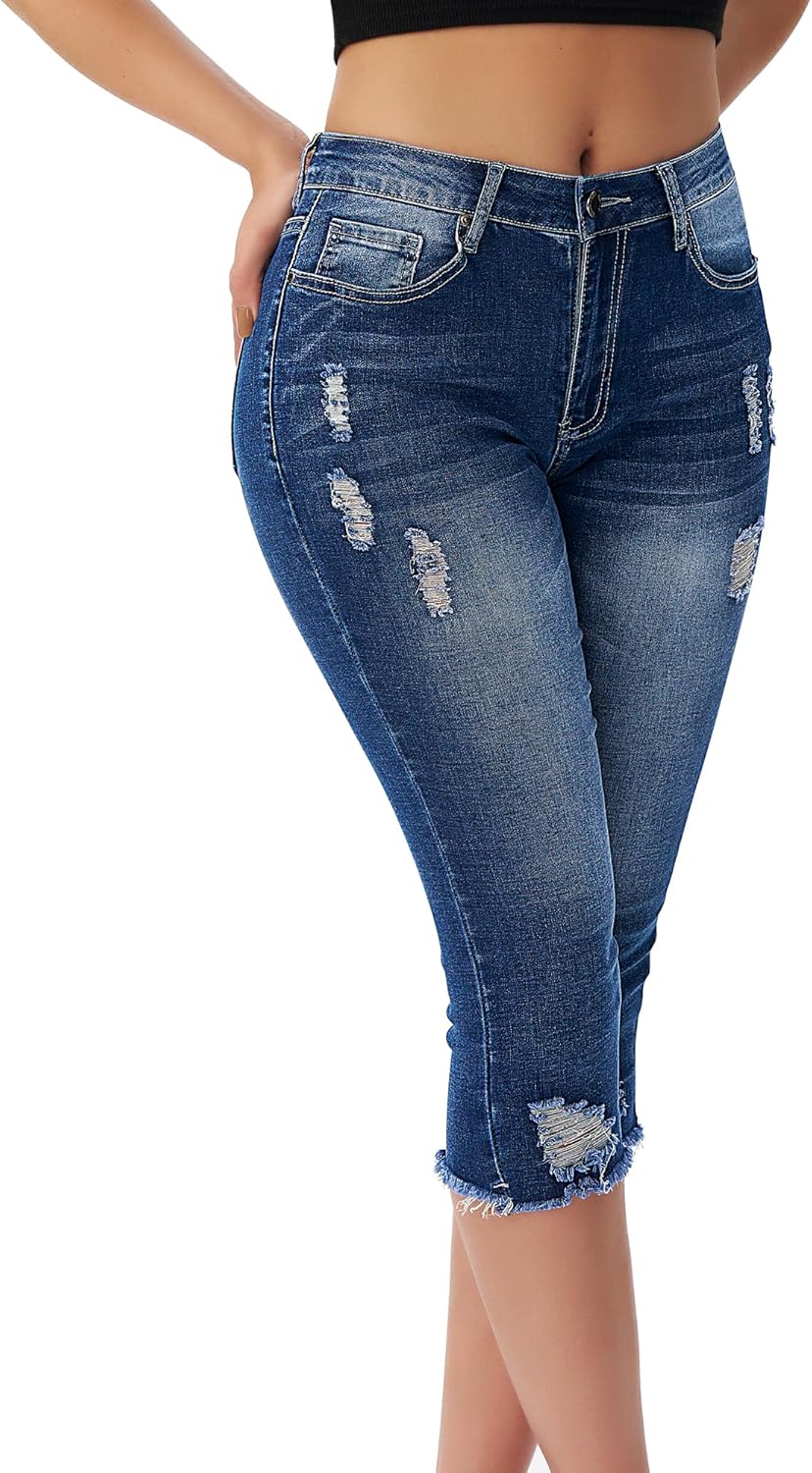 Roswear Women's Capri Pants Mid Rise Skinny Ripped Stretchy Jeans