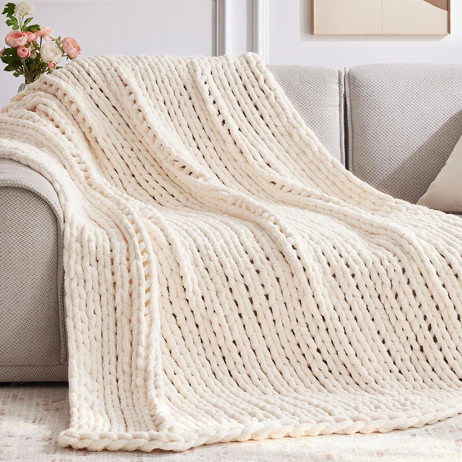 Chunky Knit Throw Blanket for Bed Couch - Handmade Chenille Yarn