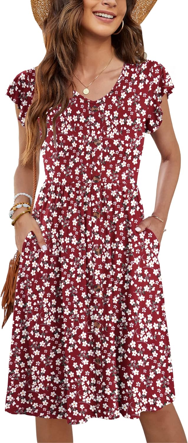 WNEEDU Women Summer Dresses Casual Loose Swing Midi Dress