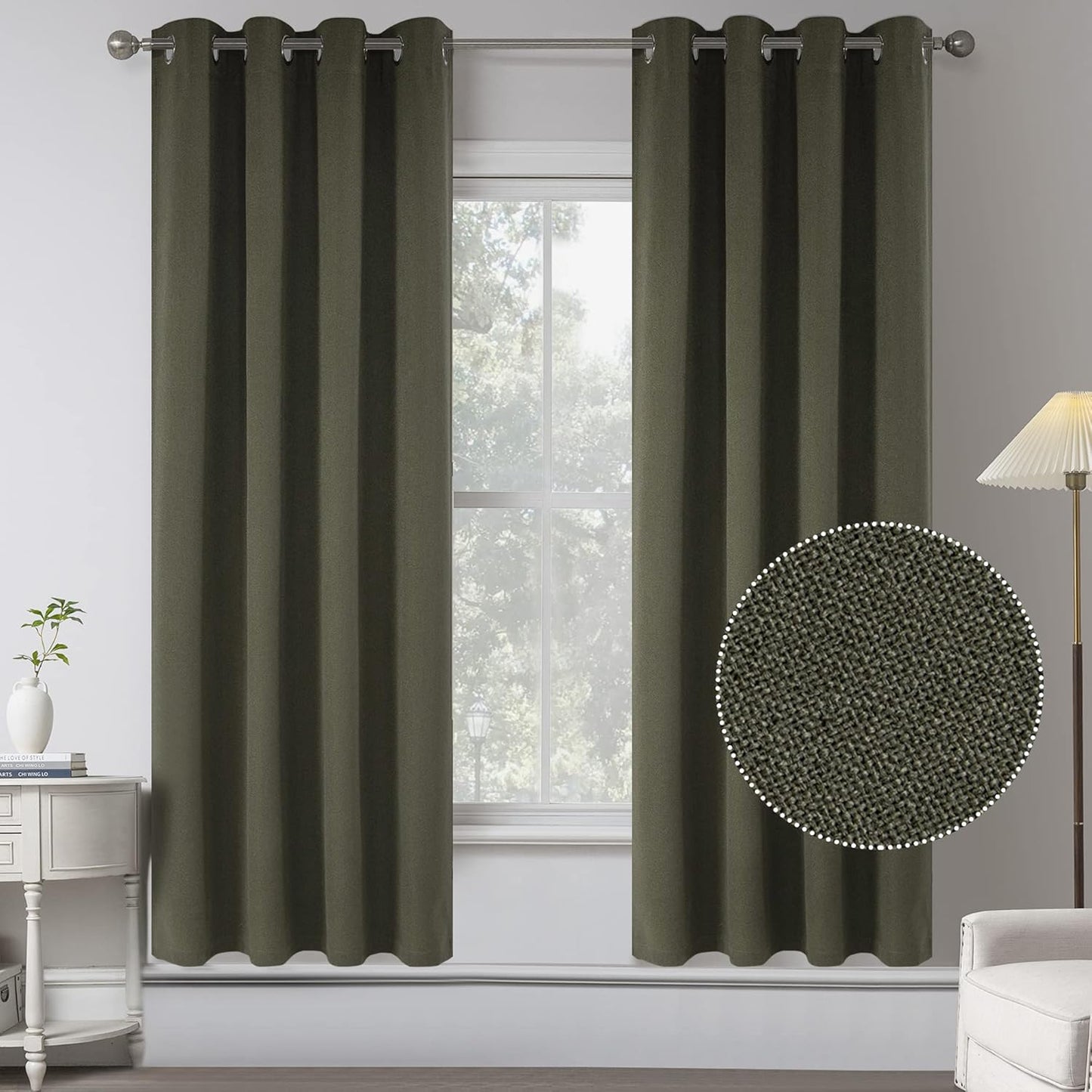 Olive Green Blackout Faux Linen Textured Curtain Draperies