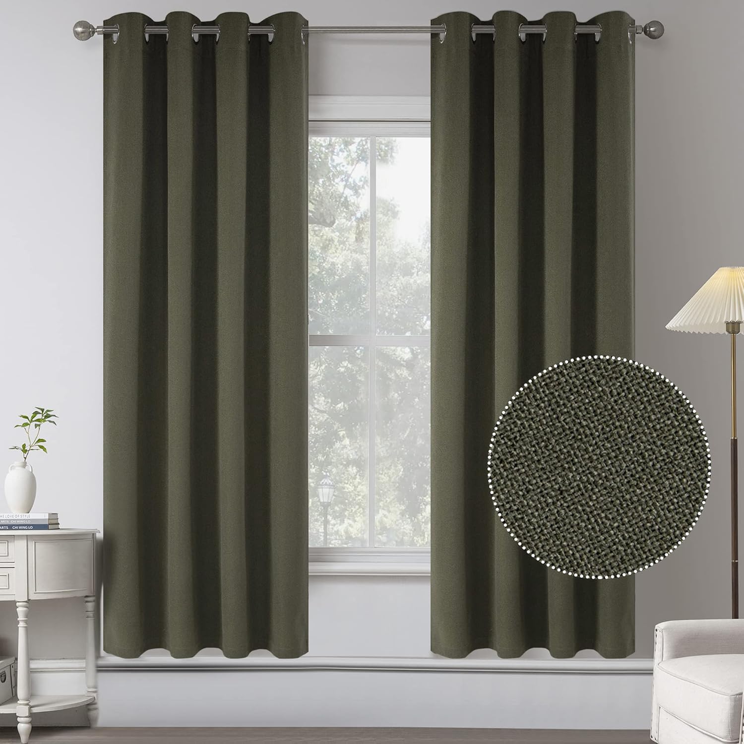 Olive Green Blackout Faux Linen Textured Curtain Draperies