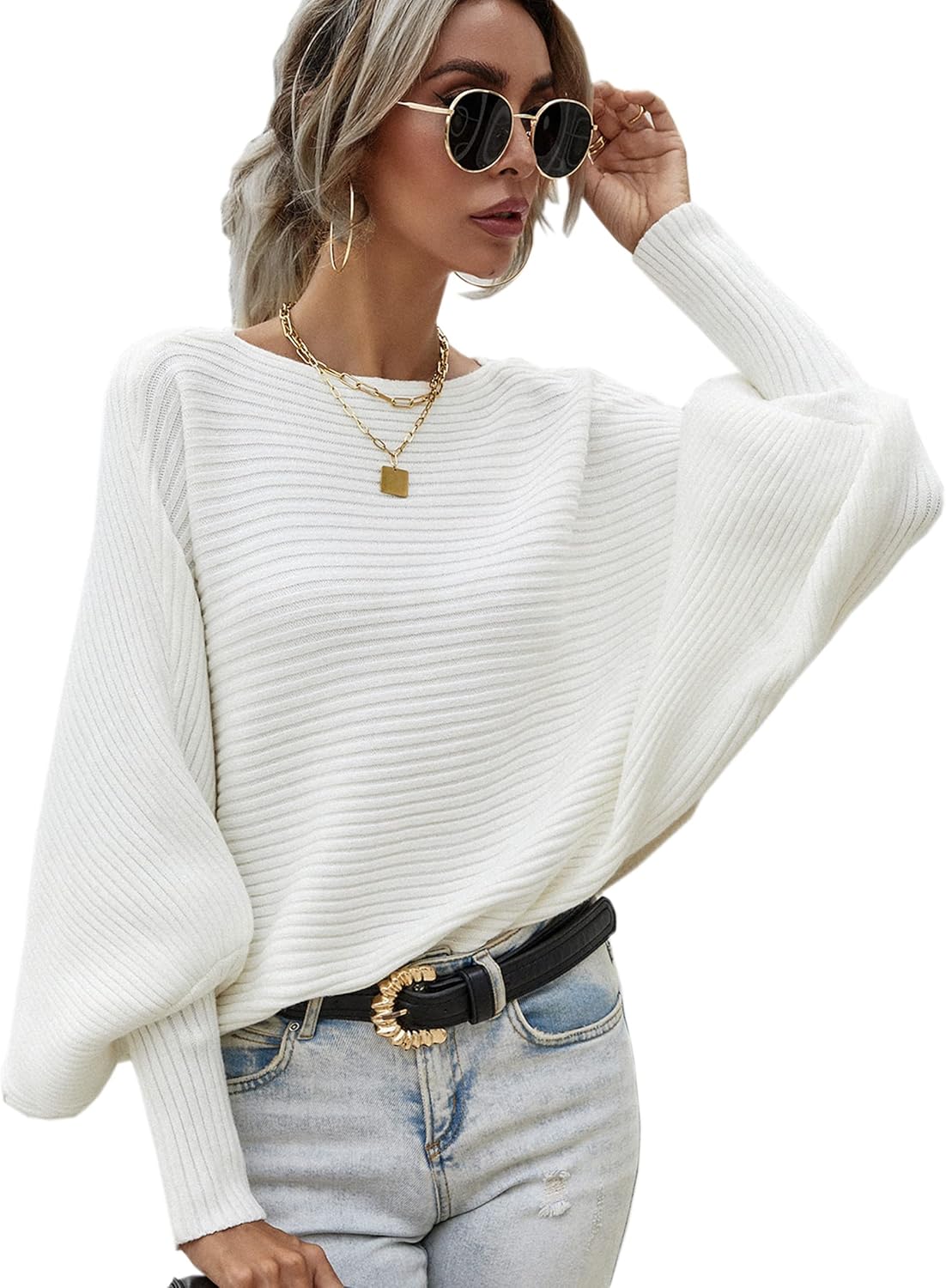 ECOWISH Women Sweater Long Sleeve Color Block Knit Pullover