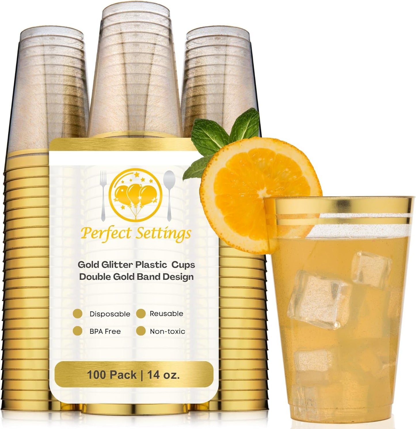 Elegant 14oz Hard Plastic Cups with Glitter Gold Rim for Parties