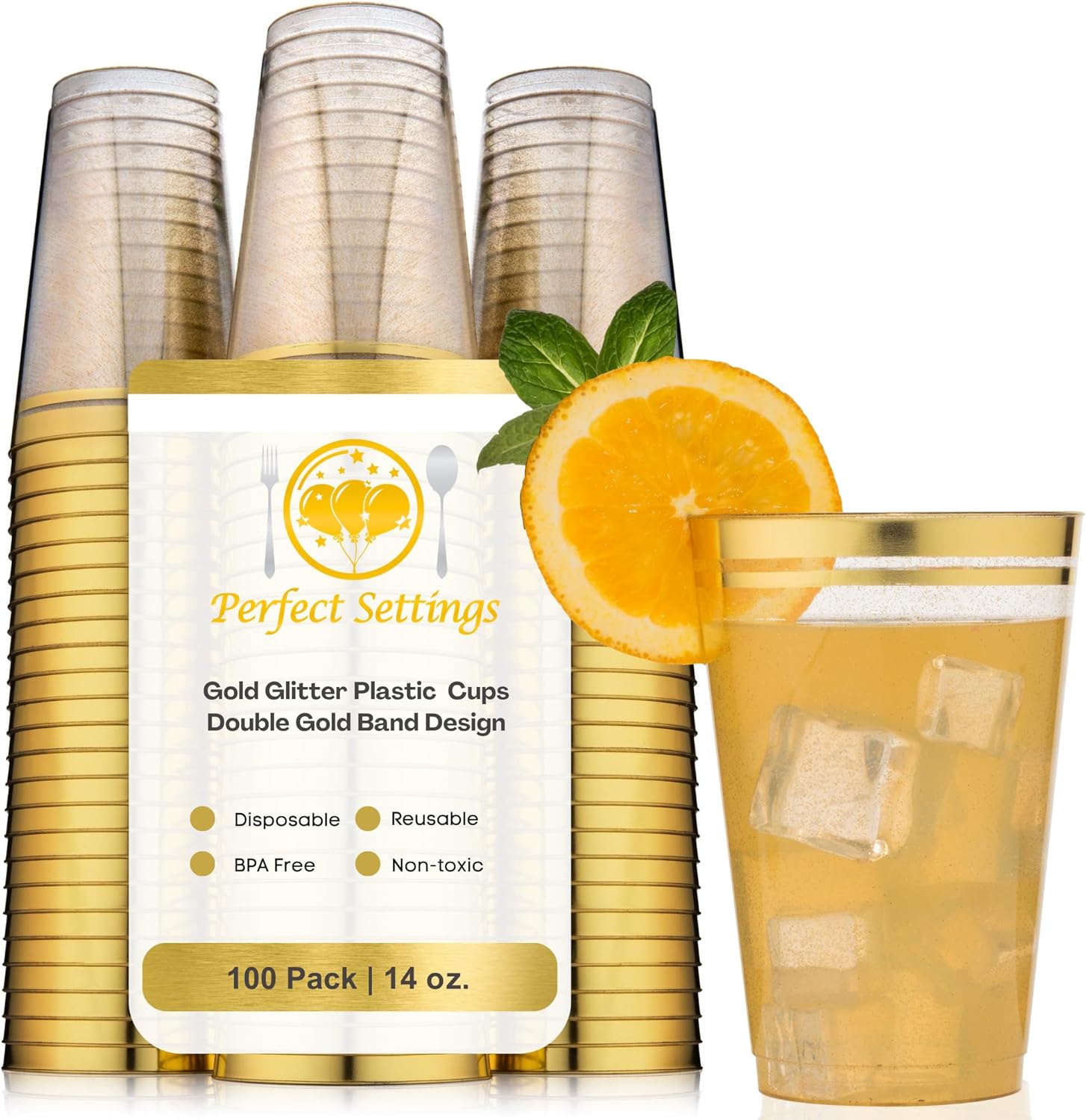 Elegant 14oz Hard Plastic Cups with Glitter Gold Rim for Parties