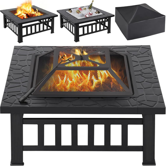 Yaheetech 32in Square Metal Fire Pit Table for Outdoor Heating