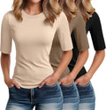 Elbow Length Tee Shirts for Women 3 Pack - Slim Fit Crewneck