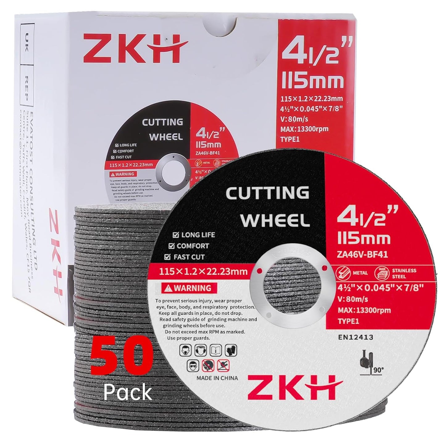 ZKH 50 Pack 4.5 Thin Cut Off Wheels - Strong & Durable Metal Cutting Discs