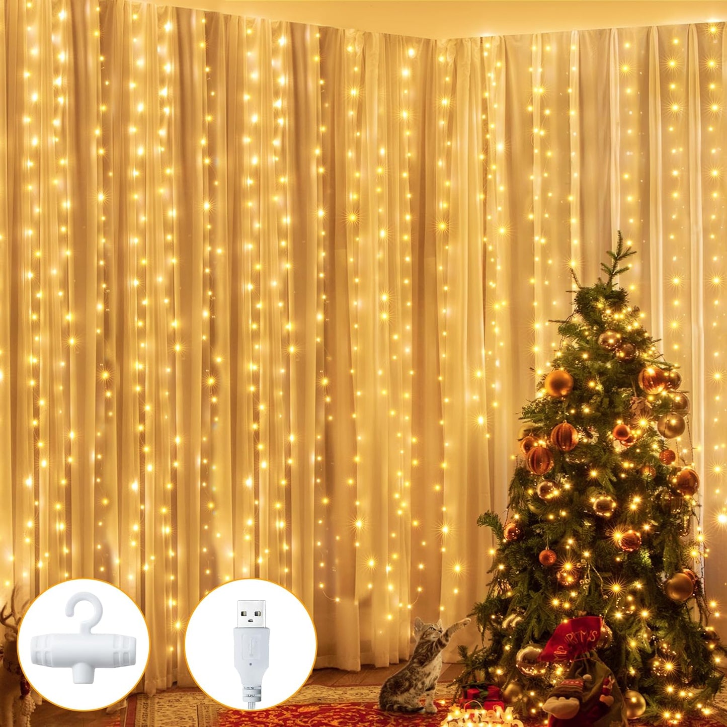Ollny 200 LED Fairy Lights Curtain - Warm White USB Powered
