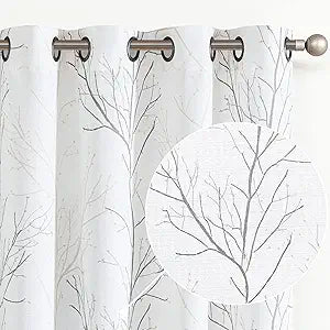 Tree Branch Curtains for Living Room - Rustic Grey Floral Drapes