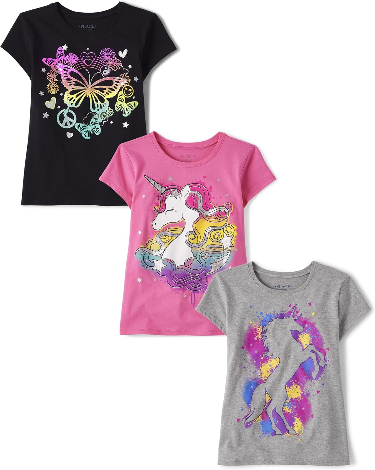 Unicorns and Butterflies Graphic T-Shirts for Girls, 3 Pack