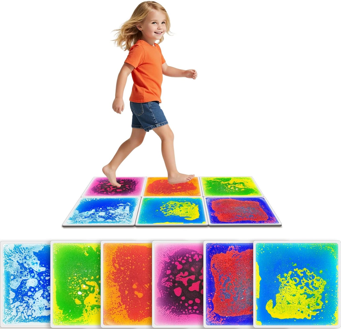 Liquid Sensory Floor Tiles for Kids Ages 3+, 12in Interactive Set