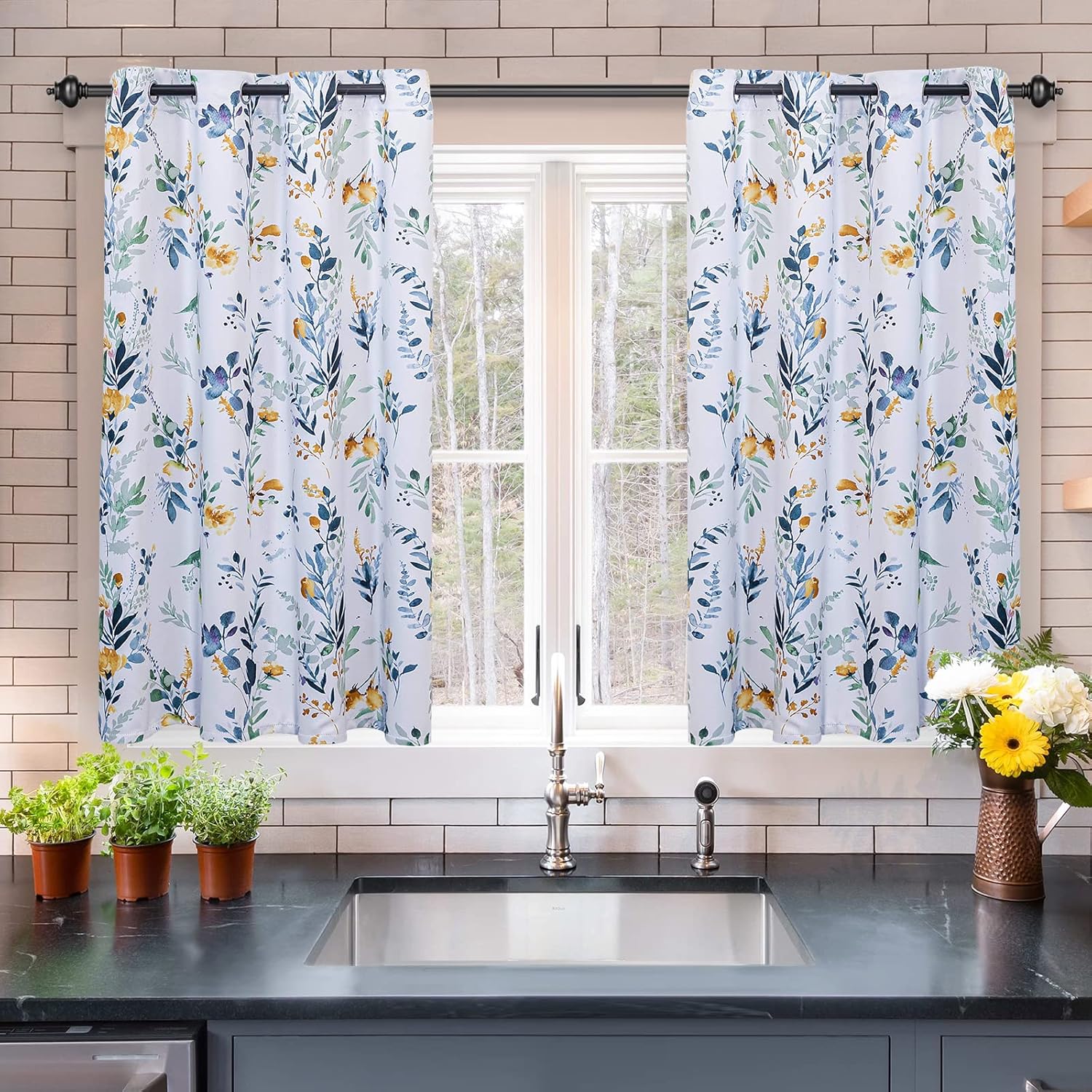MYSKY HOME Kitchen Curtains 54 inch Long Floral Blackout Panels