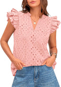 Women Eyelet V Neck Ruffle Cap Sleeve Top - Lightweight Summer