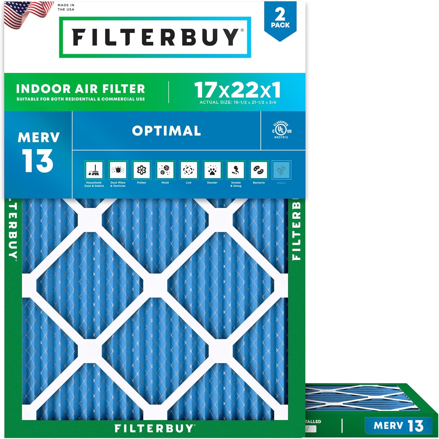 Filterbuy 17x22x1 Air Filter MERV 13 for Smoke & Allergy Defense
