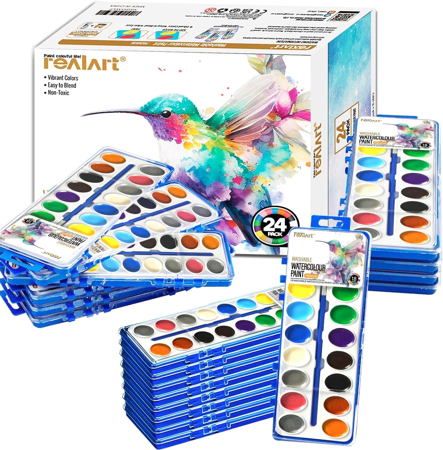 REALART 18 Colors Watercolor Paint Set for Kids and Adults