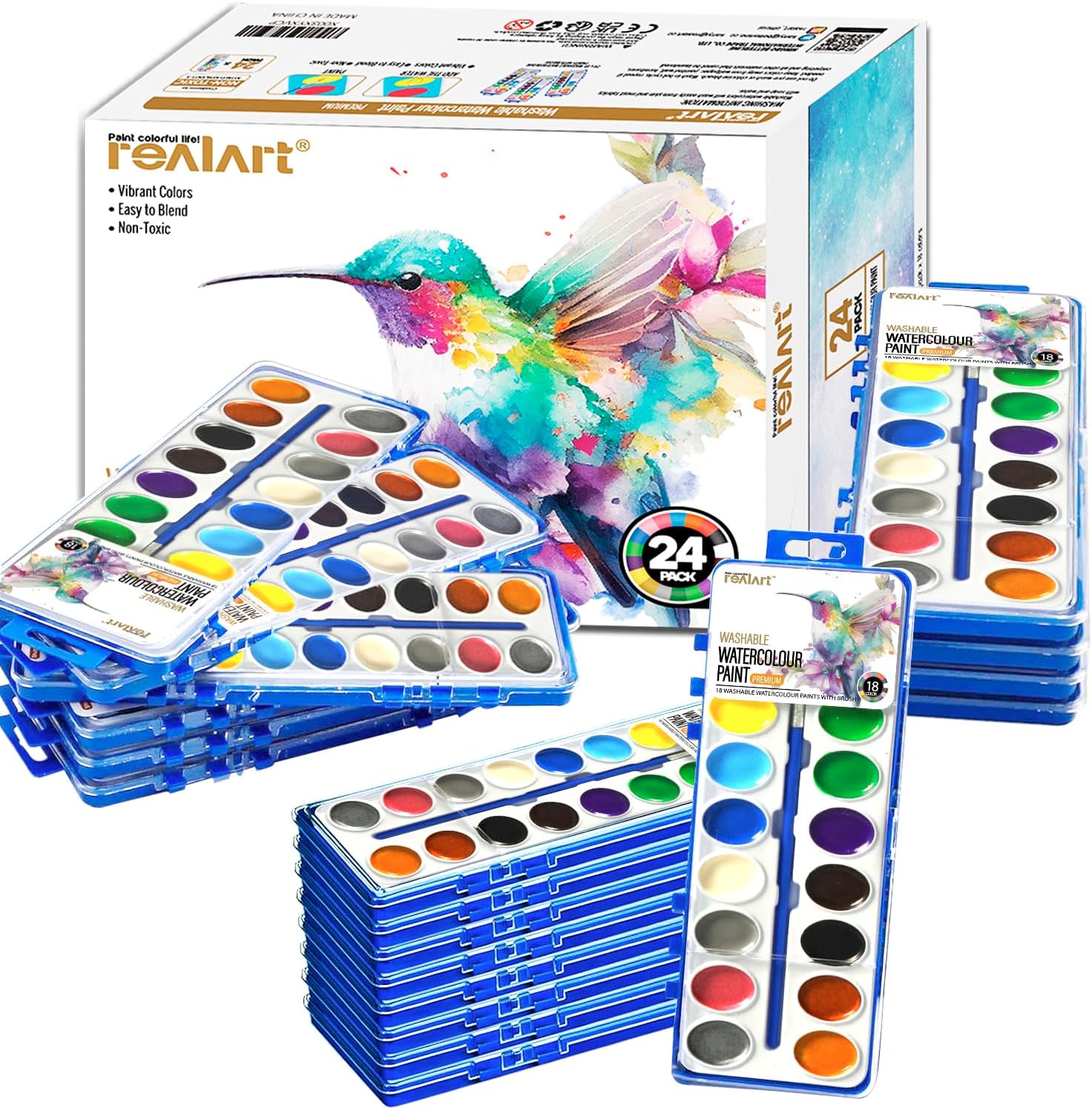 REALART 18 Colors Watercolor Paint Set for Kids and Adults