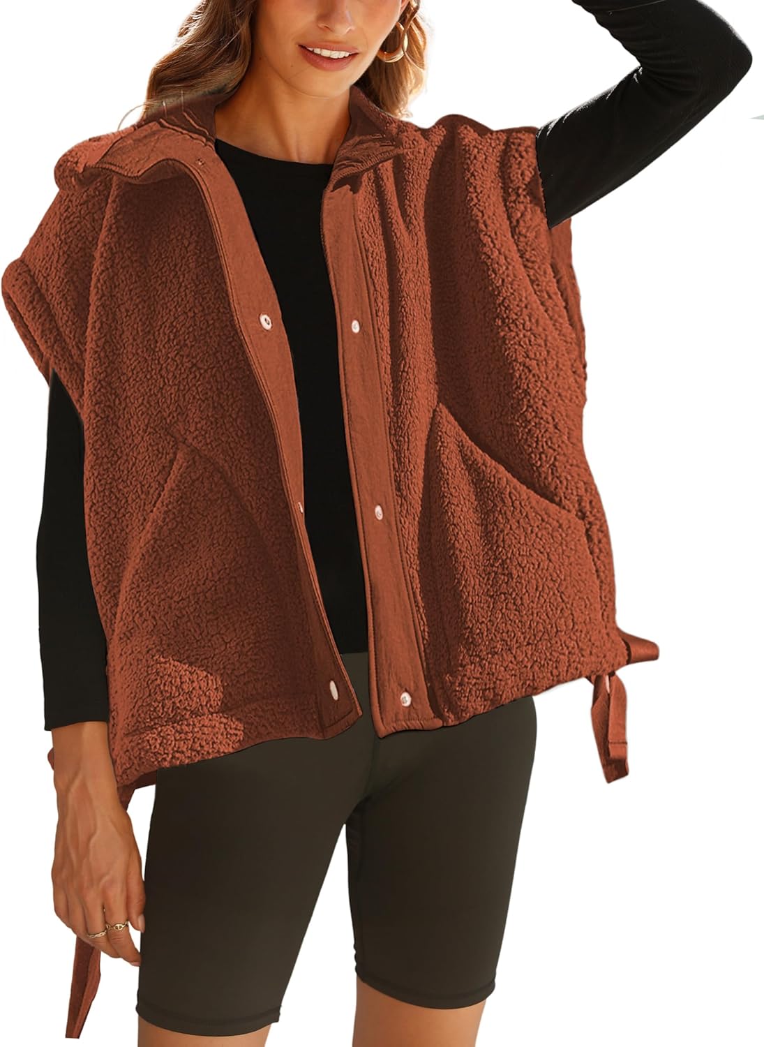 Womens Sherpa Fleece Vest Oversized Sleeveless Jacket Casual