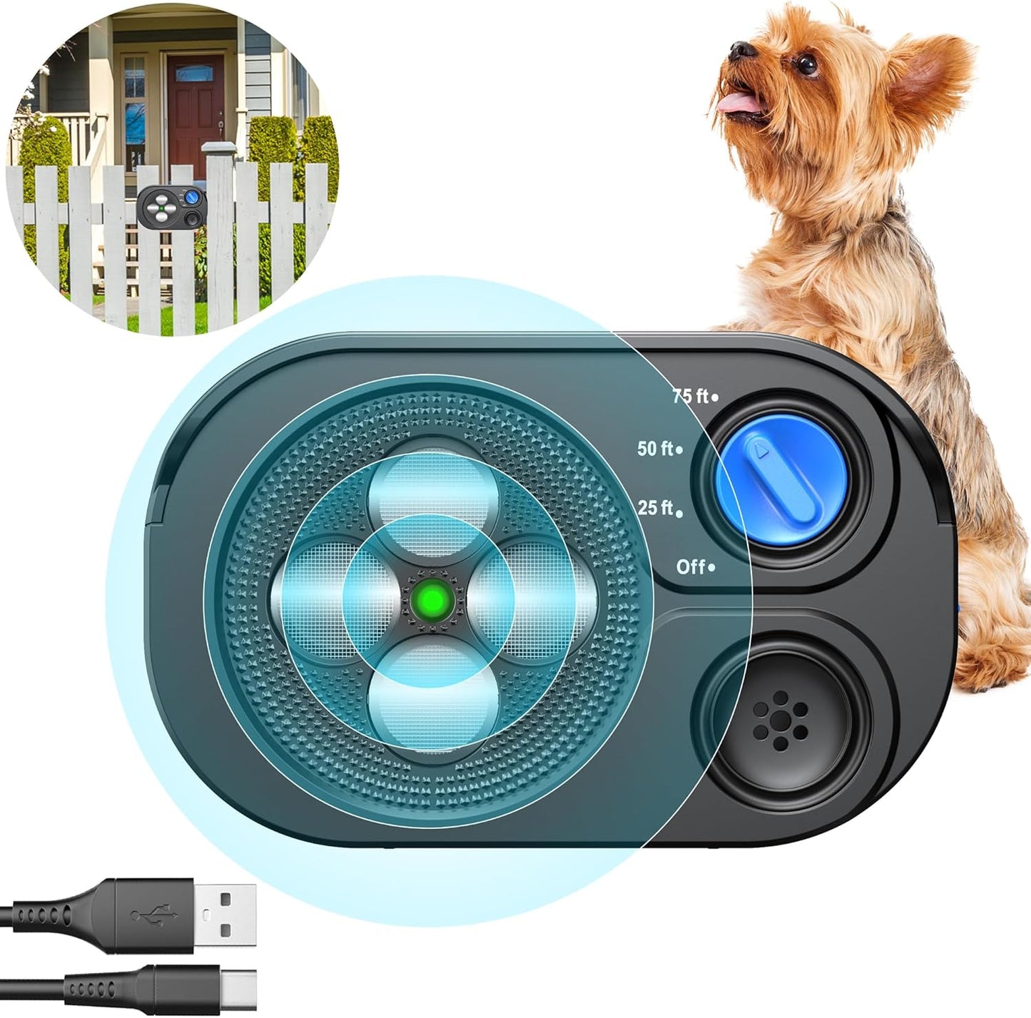 Rechargeable Ultrasonic Dog Bark Deterrent with 6 Modes and 75ft Range