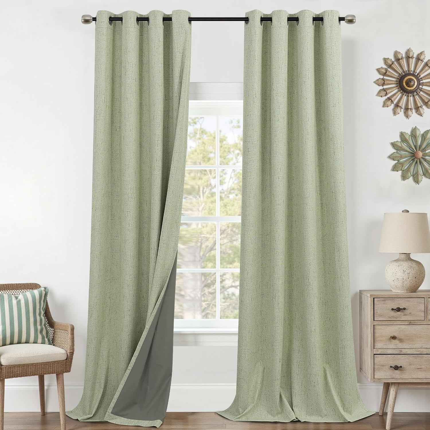Mrs.Naturall Light Sage Grommet Linen Blackout Curtains 52x108