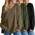 3 Pack Women's Oversized Waffle Knit Shirts V Neck Long Sleeve Top is