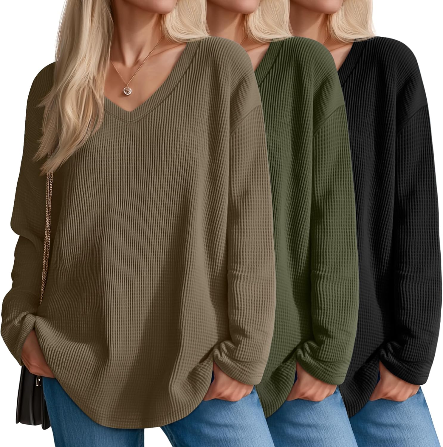 3 Pack Women's Oversized Waffle Knit Shirts for Casual Style