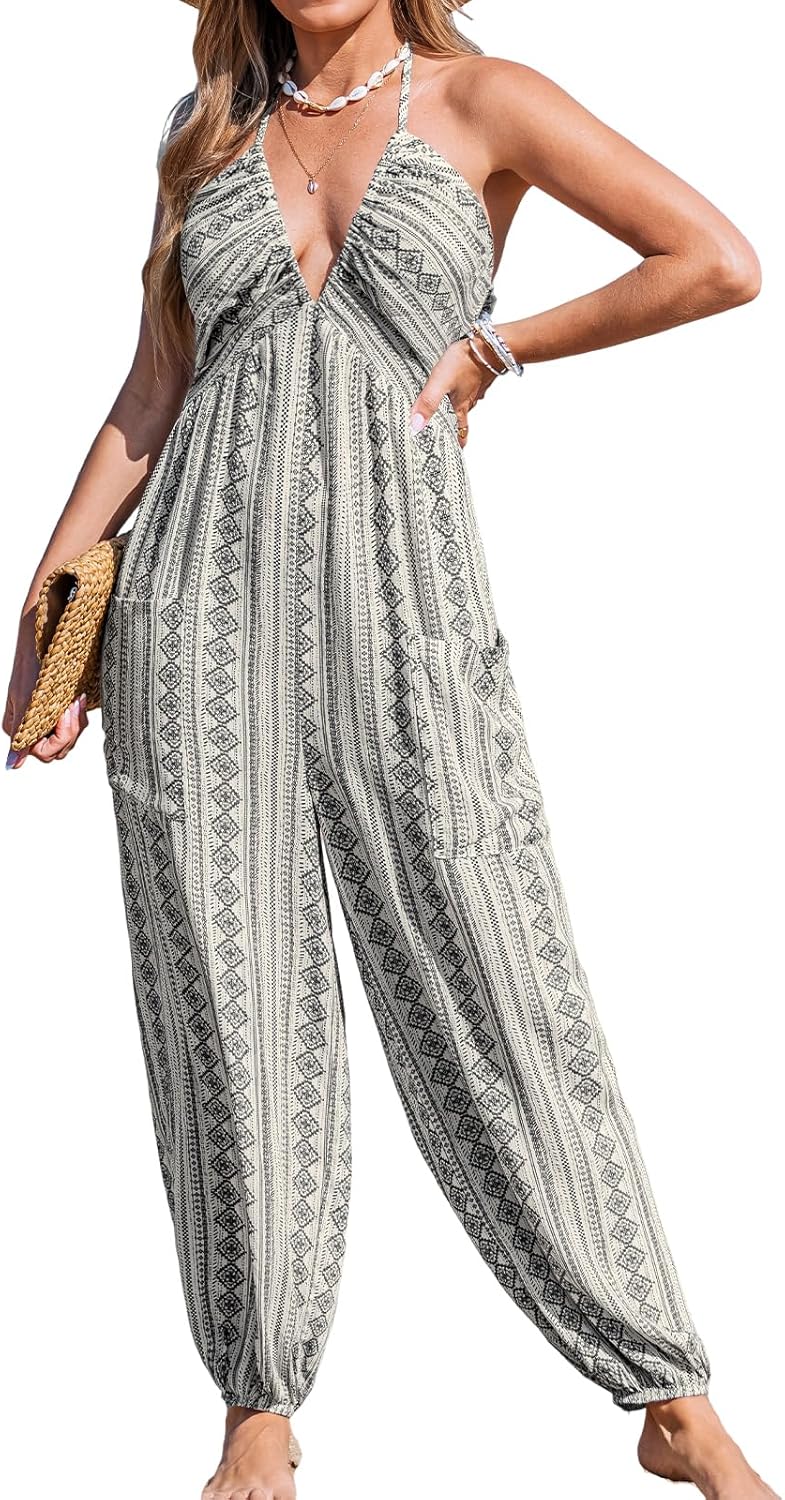 CUPSHE Women's Plunge Halter Maxi Jumpsuit with Pockets