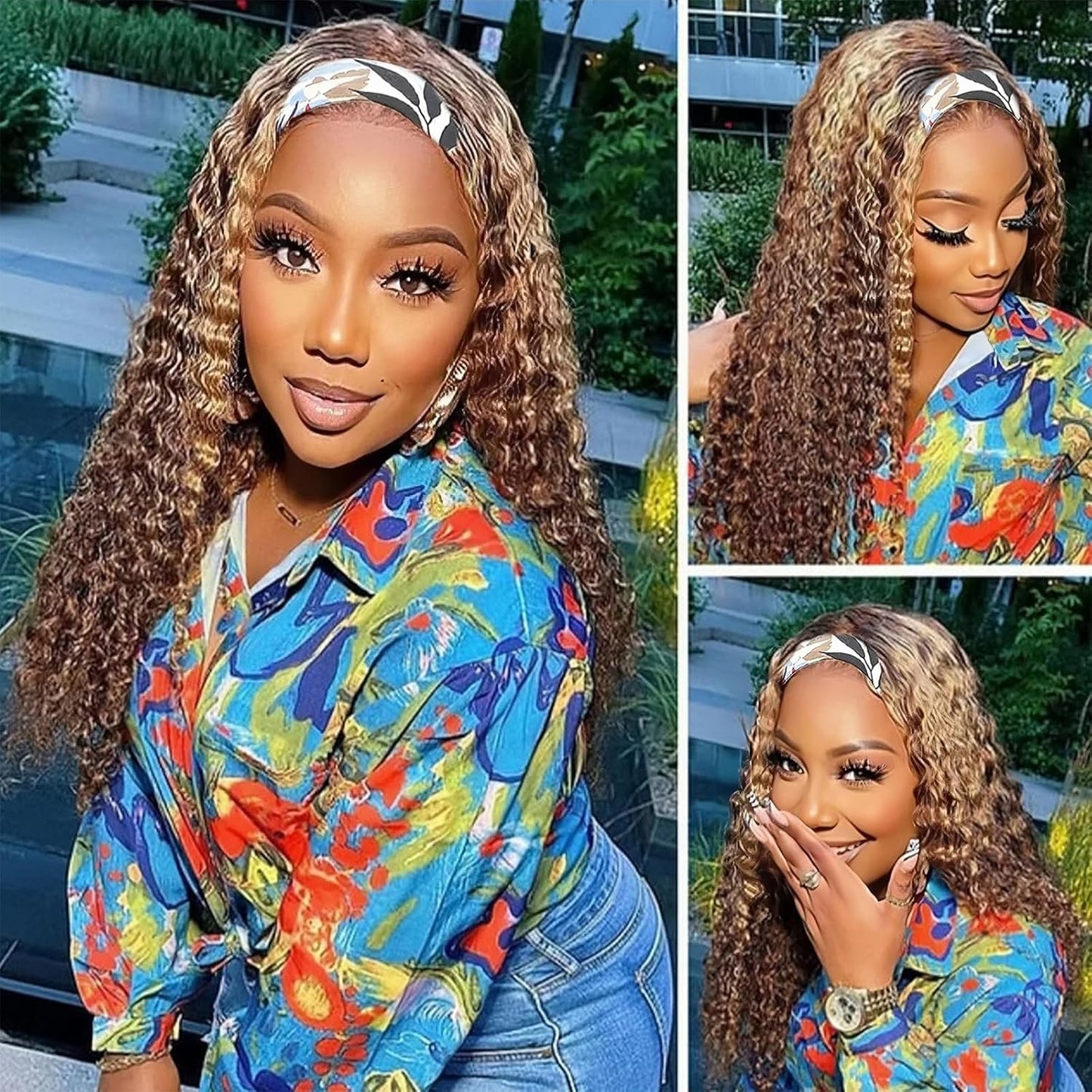 Ombre Highlight Curly Headband Wig for Black Women 18 Inch