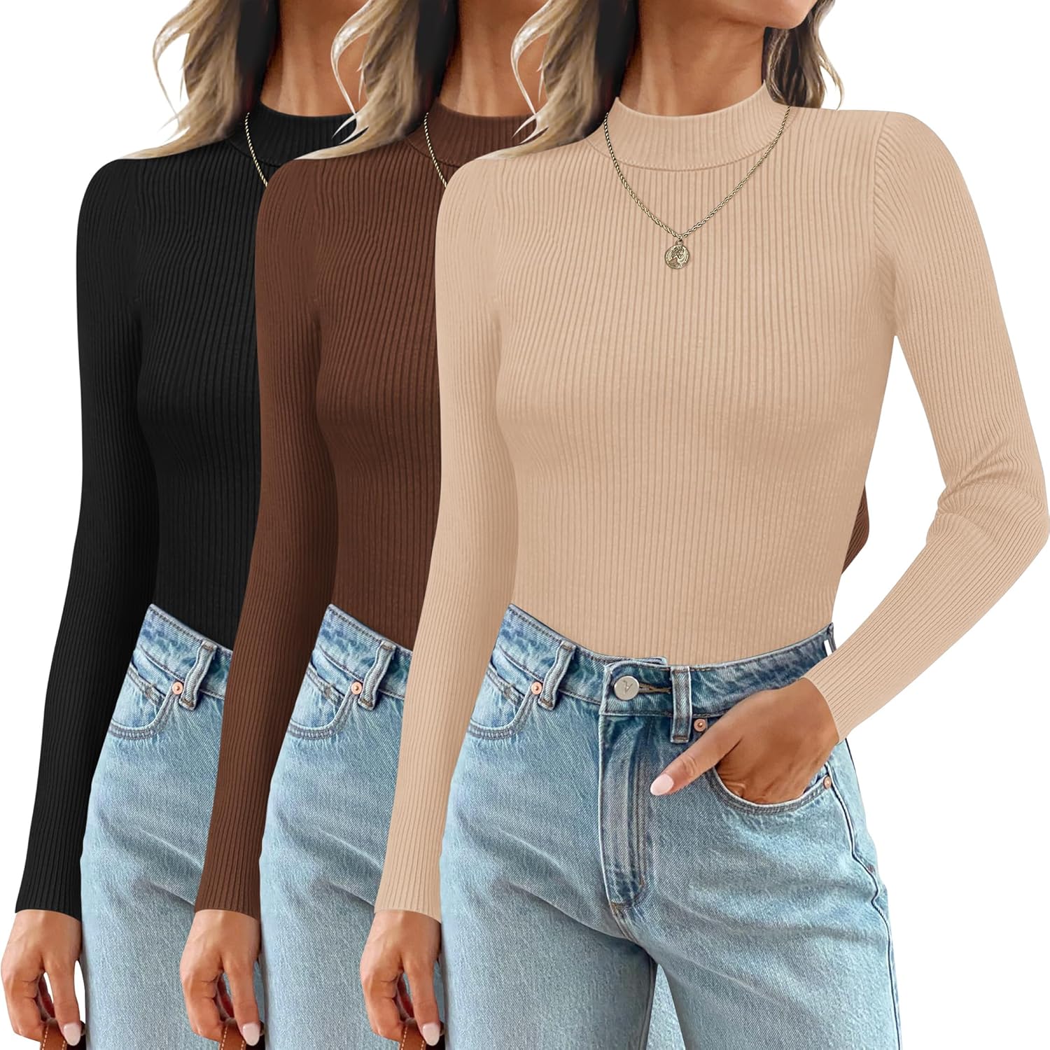 Ekouaer 3 Pack Mock Turtlenecks for Women - Stylish Thermal Tops