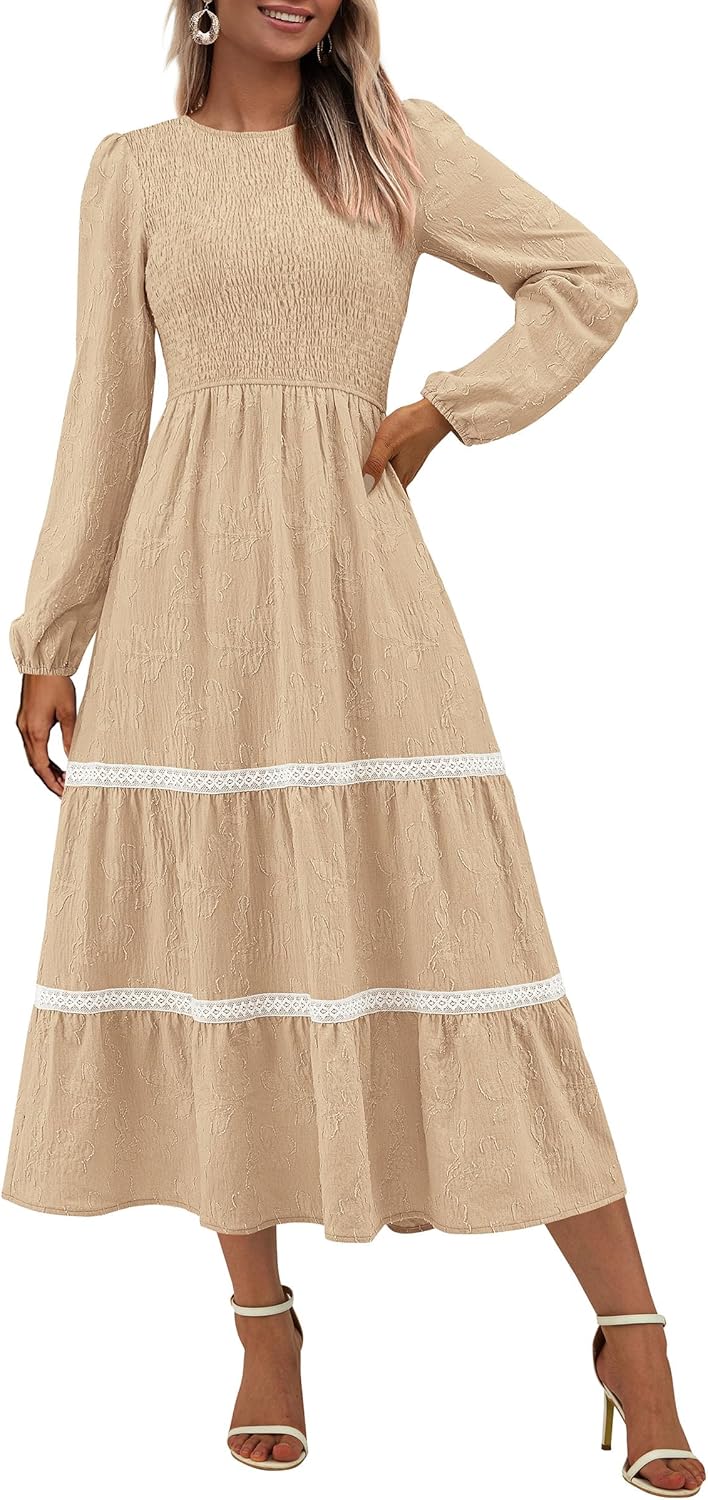 PRETTYGARDEN Long Sleeve Floral Boho Midi Dress for Women