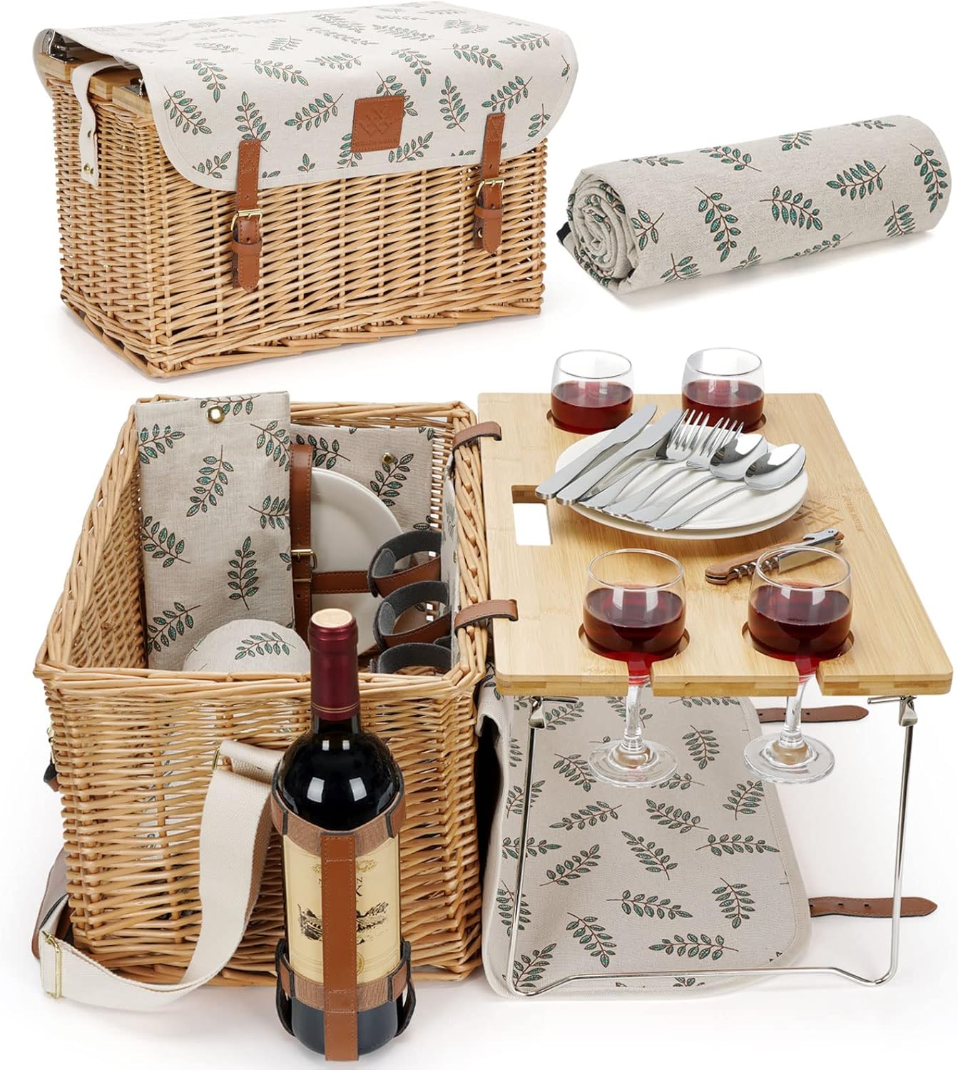 Picnic Basket with Table Set for 4 - Wicker Hamper Gift