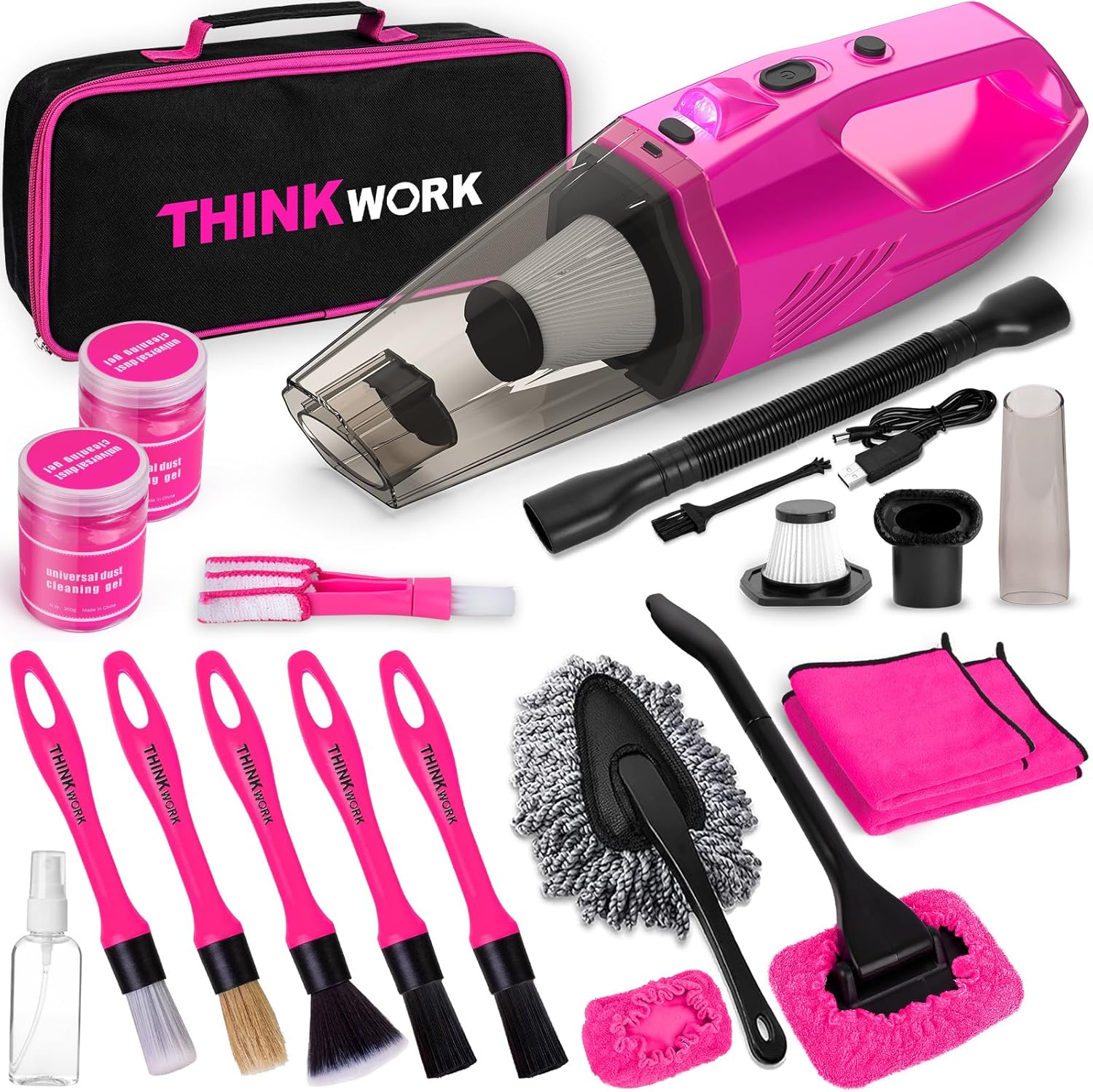 8000PA Cordless Pink Car Vacuum Set by THINKWORK