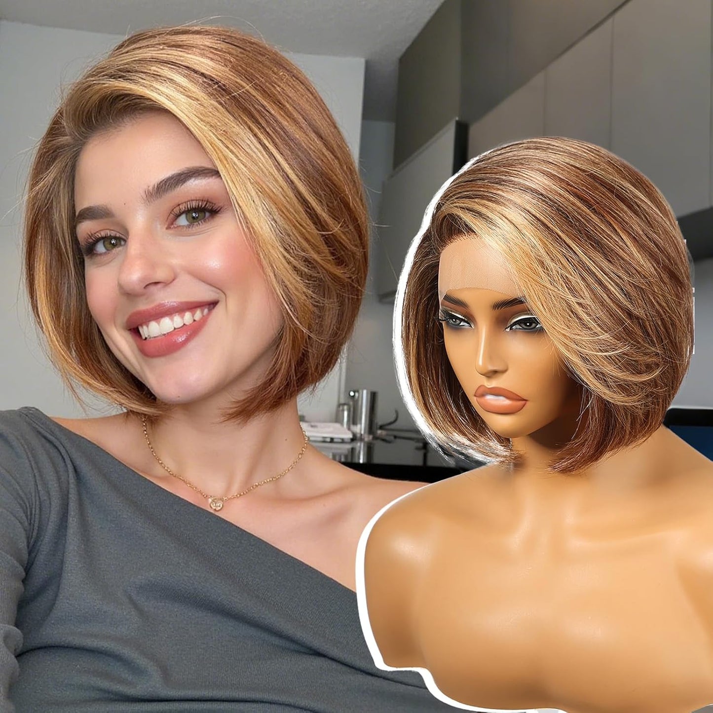 Brown Mix Blonde Highlight Synthetic Lace Front Wig for Daily Use