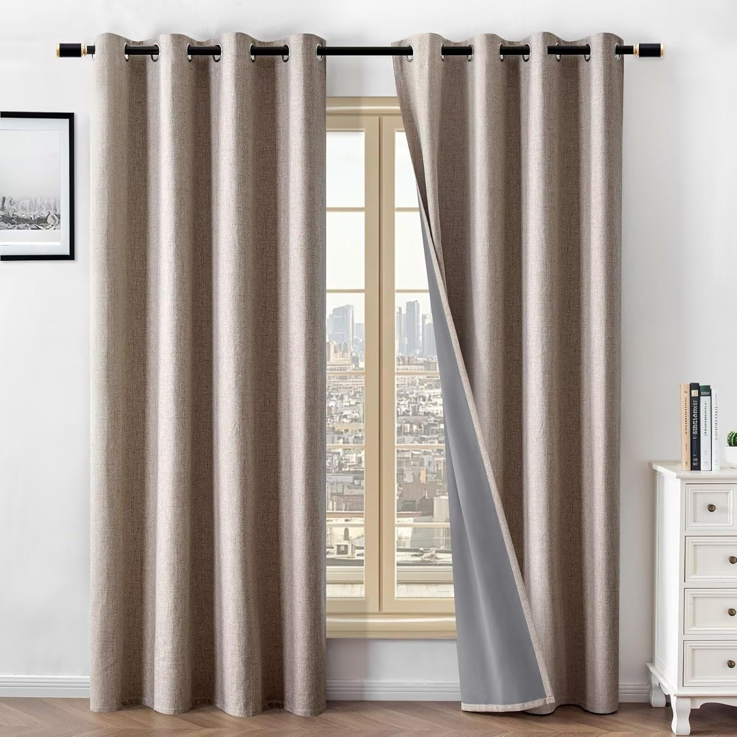100% Blackout Curtains for Living Room, Linen Drapes Set