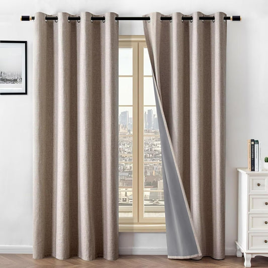 100% Blackout Curtains for Living Room, Linen Drapes Set