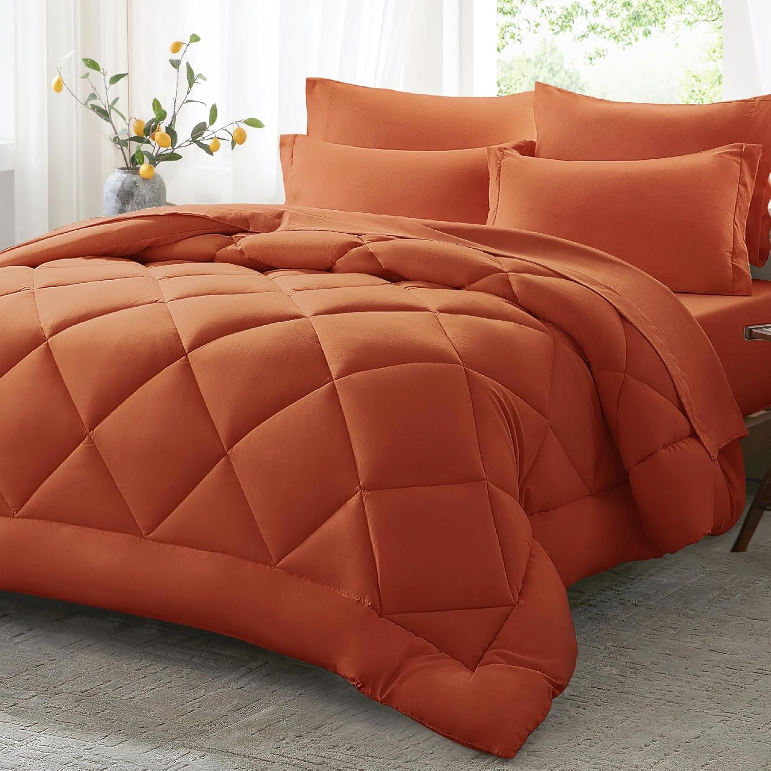 Anluoer Queen Comforter Set - Burnt Orange 7 Piece Bedding
