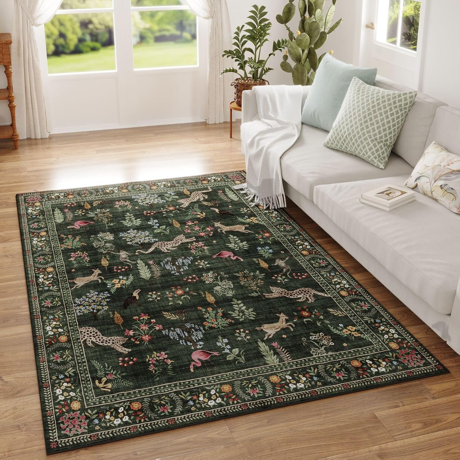 Area Rug 4x6 Washable Boho Floral Animal Carpet for Kids Room