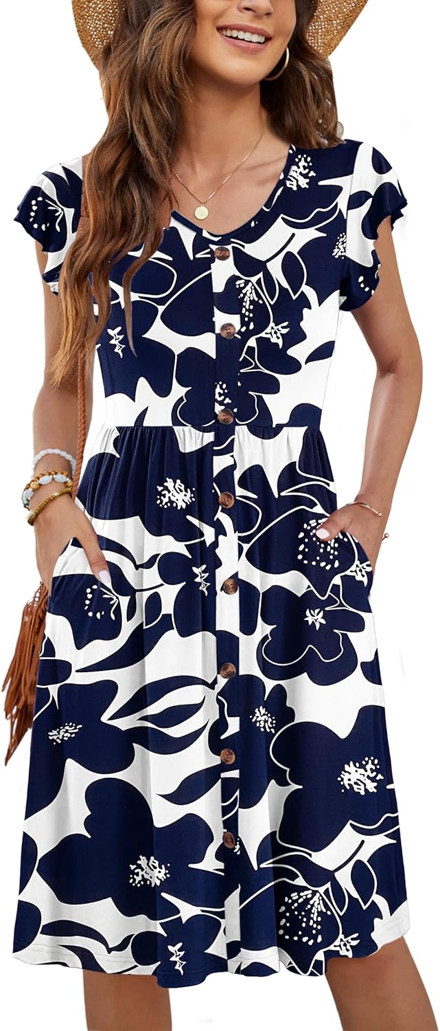 WNEEDU Women Summer Dresses Casual Loose Swing Midi Dress